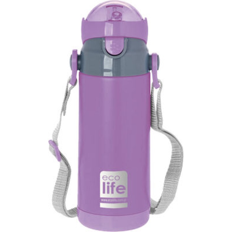 Ecolife Ανοξείδωτο Παγούρι Θερμός με Καλαμάκι σε Μωβ χρώμα 400ml Μουκάλια/Θερμός & Φαγητοδοχεία