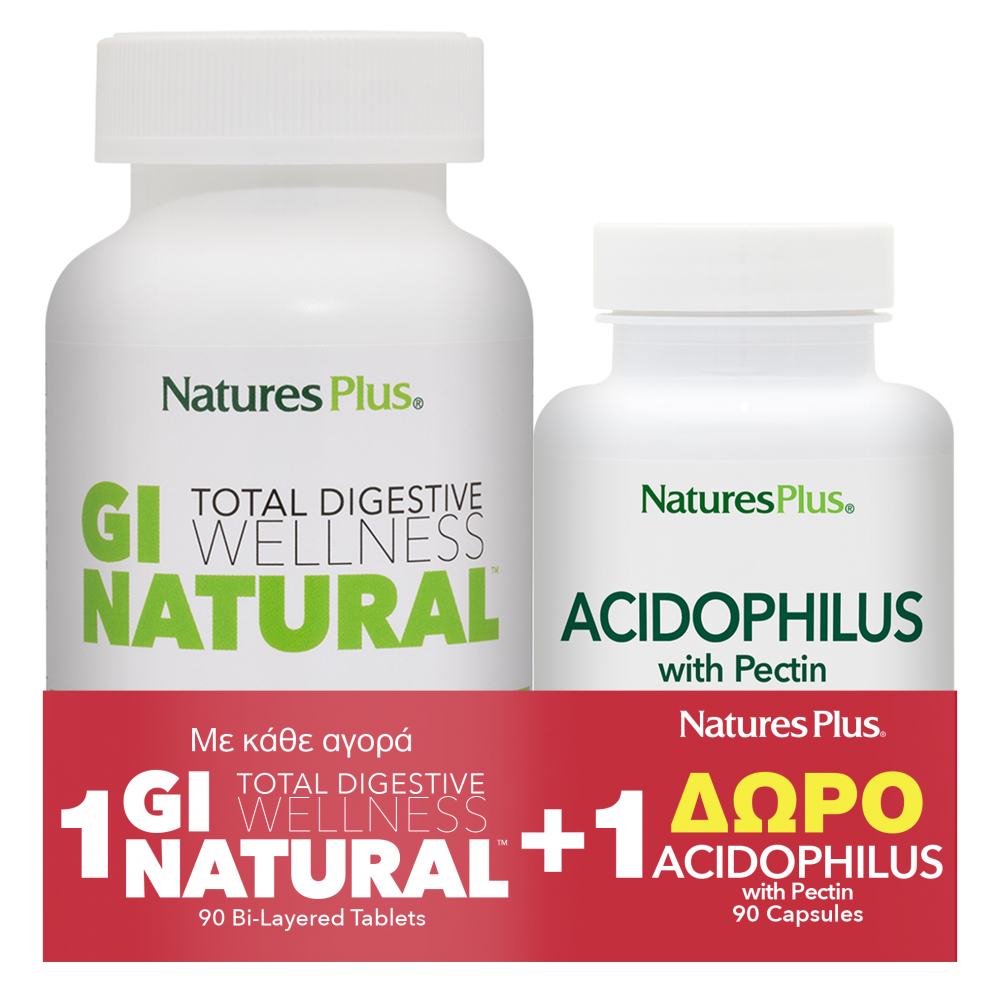 Nature's Plus με Προβιοτικά και Πρεβιοτικά GI Natural 90 ταμπλέτες & Acidophilus 90 κάψουλες