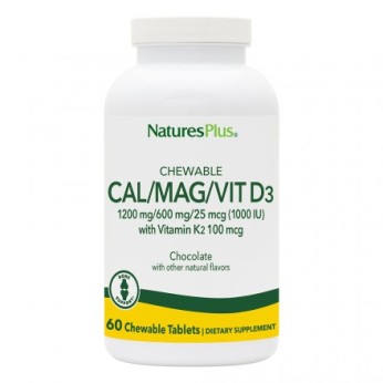 Nature's Plus Cal/Mag/Vit D3 with Vitamin K2 60 μασώμενες ταμπλέτες Σοκολάτα